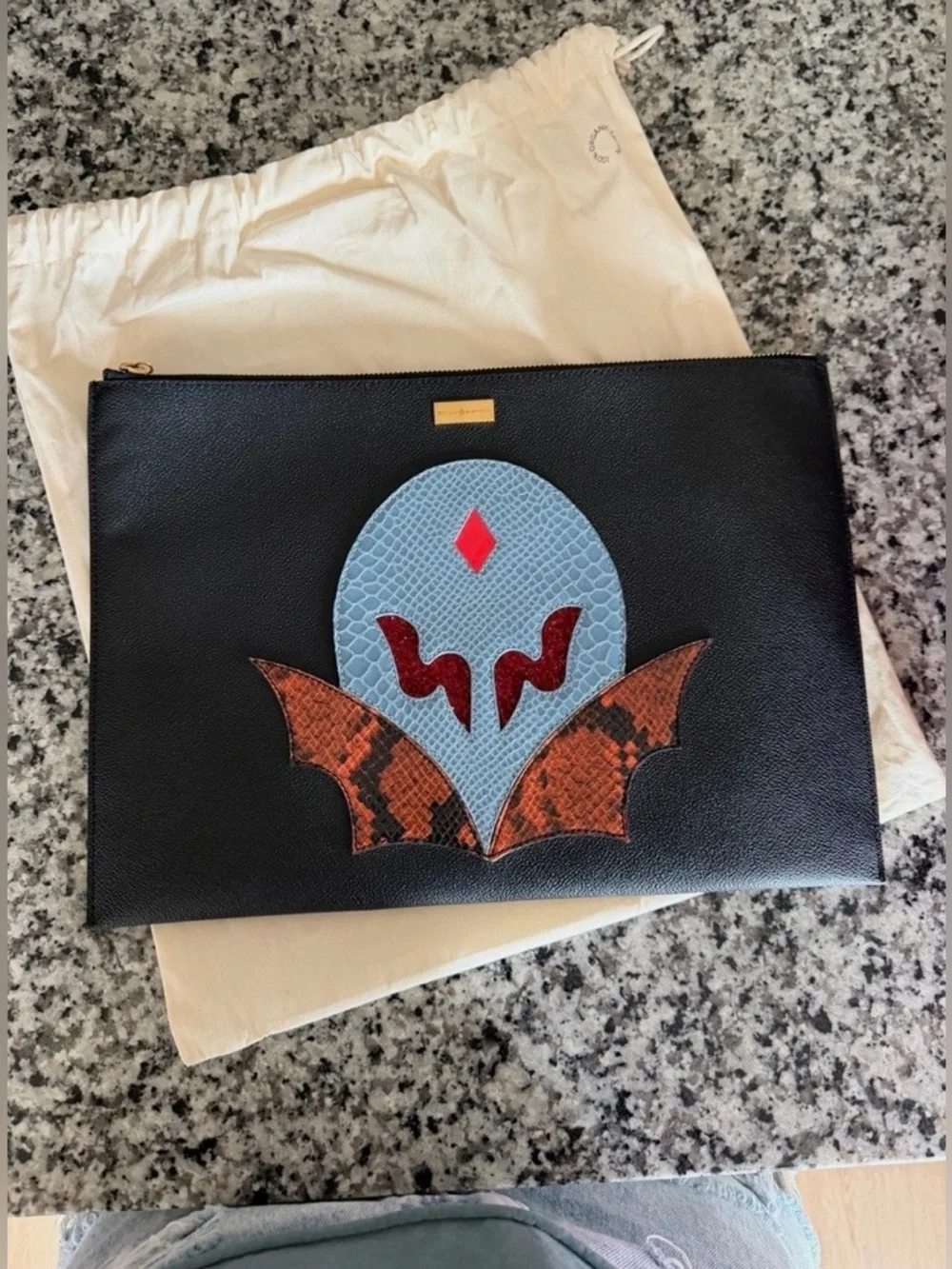 Stella McCartney Black Zip Pouch with Blue, Red and Brown Appliqué